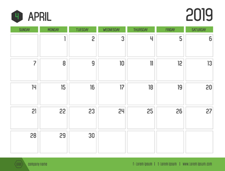 Vector of modern green calendar 2019 ( April ) in simple clean table style.full size 21 x 16 cm; Week start on Sundayのイラスト素材