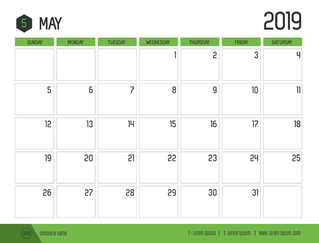 Vector of modern green calendar 2019 ( May ) in simple clean table style.full size 21 x 16 cm; Week start on Sundayのイラスト素材