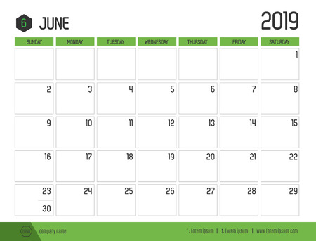 Vector of modern green calendar 2019 ( June ) in simple clean table style.full size 21 x 16 cm; Week start on Sundayのイラスト素材