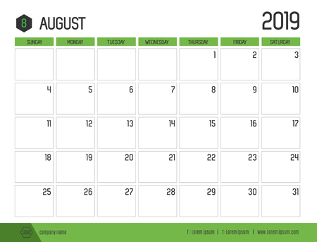 Vector of modern green calendar 2019 ( August ) in simple clean table style.full size 21 x 16 cm; Week start on Sundayのイラスト素材