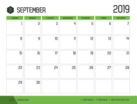 Vector of modern green calendar 2019 ( September ) in simple clean table style.full size 21 x 16 cm; Week start on Sundayのイラスト素材