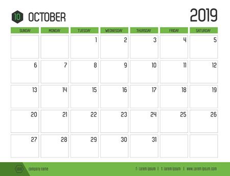 Vector of modern green calendar 2019 ( October ) in simple clean table style.full size 21 x 16 cm; Week start on Sundayのイラスト素材