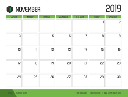 Vector of modern green calendar 2019 ( November ) in simple clean table style.full size 21 x 16 cm; Week start on Sundayのイラスト素材