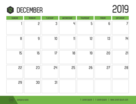 Vector of modern green calendar 2019 ( December ) in simple clean table style.full size 21 x 16 cm; Week start on Sundayのイラスト素材