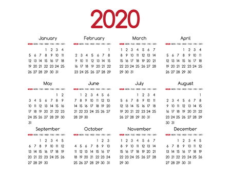 2019 new year red calendar modern simple design with round san serif font,Holiday event planner,Week Starts Sundayの写真素材