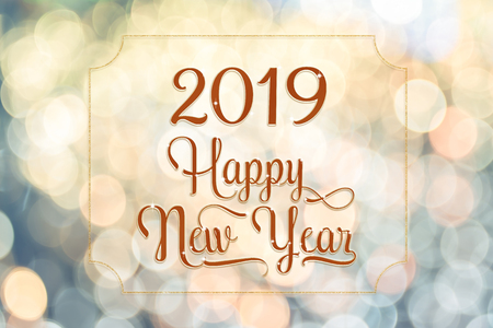 Happy New year 2018 red sparkling glitter word with golden frame at abstract blurred bokeh light background, Holiday concept.の写真素材