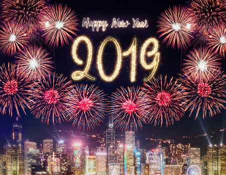 Happy new year 2019 firework over cityscape building at night time celebration,Happy new year countdown.greeting cardの写真素材