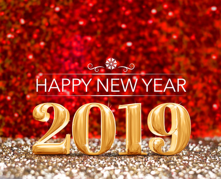 happy new year 2019 year number ( 3d rendering ) at sparkling gold and red glitter studio background...