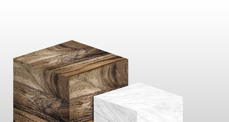 Product display stand made from white glossy marble and wood in two step with copy space for display of content design or replace your backgroundの写真素材