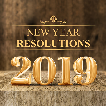 Gold shiny 2019 new year resolutions (3d rendering) at wooden block table and blur wood wall,Holiday greeting card,Mock up for display of your design or content for social media.の写真素材