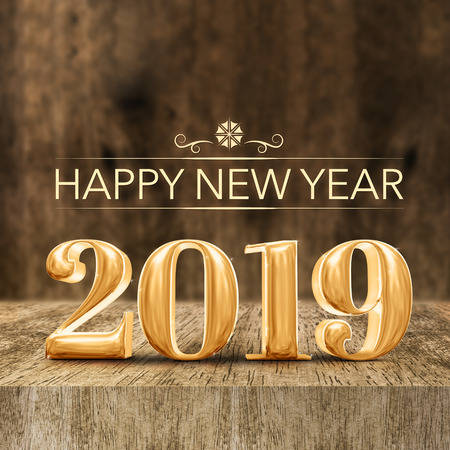 Gold shiny Happy New year 2019 3d rendering at wooden block table and blur wood wall,Holiday greeting card for social mediaの写真素材