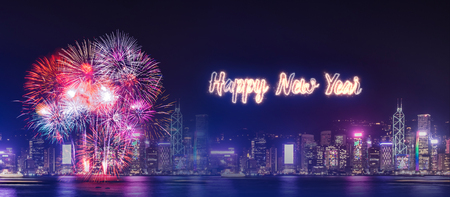 Happy new year firework over cityscape building at night time celebration,Happy new year...