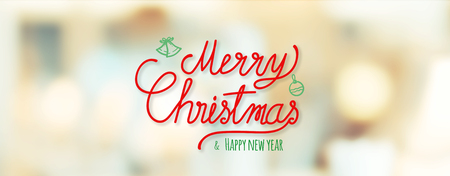 Red Merry Christmas and happy new year handwriting at blur bokeh Christmas decor with string light background,Winter holiday banner greeting cardの写真素材