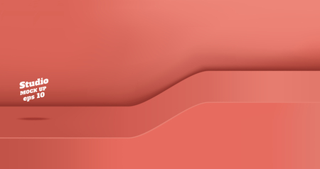 Vector,Empty vivid coral pink studio table with slope step room background ,product display with copy space for display of content design.Banner for advertise product on websiteの写真素材