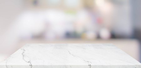 Empty perspective marble table top with blurred home kitchen background.Mock up template for display or montage of your design,Banner for advertise of productの写真素材