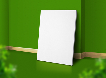 Blank poster at corner natural green studio room with wall and floor background with leaf foreground,Mock up studio room for display of design for advertising on mediaの写真素材