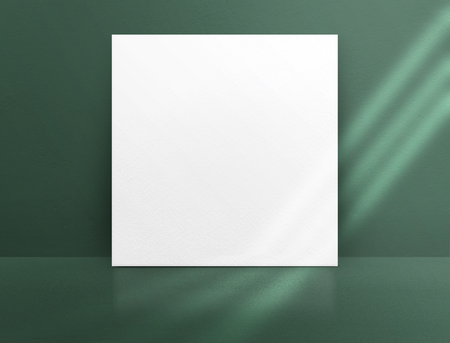 Blank white paper poster leaning at green color concrete wall and floor with window sunlight in perspective room,Business mock up presentation.Template display of design or contentの写真素材