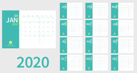 Vector of 2020 new year calendar in clean minimal table simple style and light green color,Holiday event planner,Week Starts Sunday.include holiday event.A5 sizeのイラスト素材