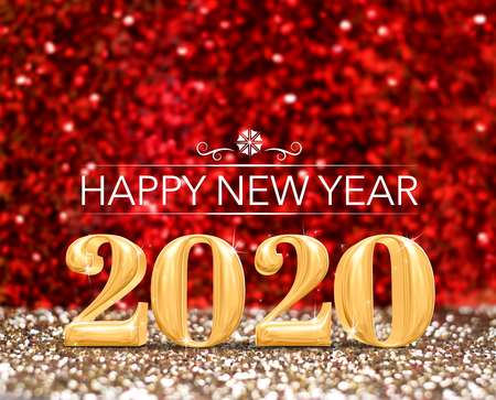 happy new year 2020 year number ( 3d rendering ) at sparkling gold and red glitter studio background ,Holiday Greeting card.copy space for add content.の写真素材