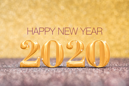 happy new year 2020 year number ( 3d rendering ) at sparkling golden and red copper glitter floor studio background ,Holiday celebration Greeting card.の写真素材