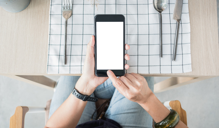 mock up screen hand holding mobile use app banking paymentの写真素材