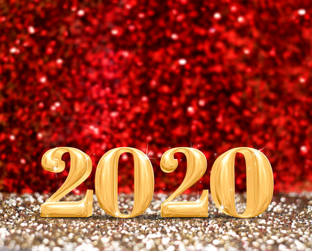 happy new year 2020 year number ( 3d rendering ) at sparkling gold and red glitter studio background ,Holiday Greeting card.copy space for add content.の写真素材