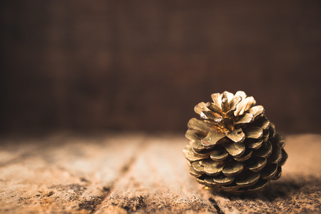 gold pine cone on grunge wood table and dark brown wooden wall.Winter Merry Christmas holiday greeting card.の写真素材