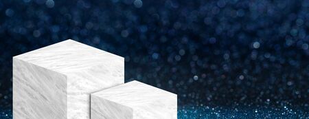Product display stand made from white glossy marble in two step on dark blue bokeh sparkle background have copy space for display of content or design,Banner for advertise product on website,3d renderingの写真素材
