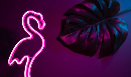 Summer pink flamingo and monstera leaf with neon pink and blue light.vacation backgroundの写真素材