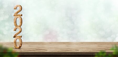 New year 2020 wood number (3d rendering) on wooden table at blur abstract green bokeh...
