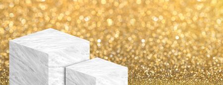 Product display stand made from white glossy marble in two step on gold bokeh sparkle background have copy space for display of content or design,Banner for advertise product on website,3d renderingの写真素材