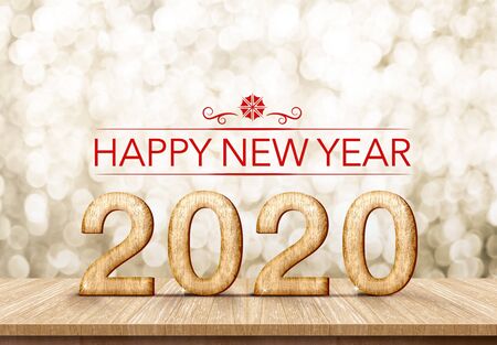 Red happy new year 2020 (3d rendering ) on white marble table with sparkling gold bokeh wall,banner for display or montage of product for holiday promotion and advertise for new year eveの写真素材