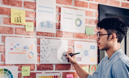 Asian man creative director designer writing plan at data chart and find idea on brickwall at modern office.brainstroming creative ideas concpetの写真素材