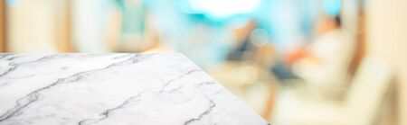 marble table top product display background with blur patient in hospital.left perspective stone kitchen counter with people waiting doctor in hallway.Banner mockup presentation for  health productの写真素材