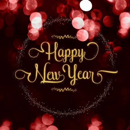 Happy new year gold glossy with star on red velvet color bokeh light sparkling background,Holiday greeting cardの写真素材