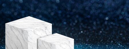 Product display stand made from white glossy marble in two step on dark blue bokeh sparkle background have copy space for display of content or design,Banner for advertise product on website,3d renderingの写真素材