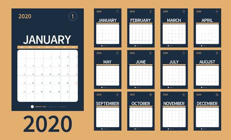Vector of 2020 new year calendar in clean minimal table simple style and blue gold color, Holiday event planner, Week Starts Sunday. include holiday event.のイラスト素材