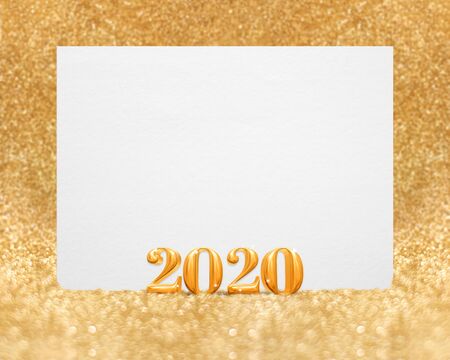 Gold new year 2020 (3d rendering) with blank white greeting card in golend sparkling glitter studio room   bokeh,mock up template for display of design or use as invitaion cardの写真素材