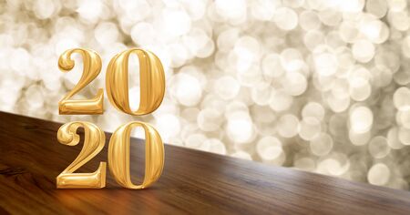 Happy new year 2020 gold glossy (3d rendering ) on angle wood table with sparkling gold bokeh...