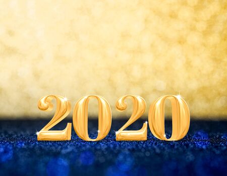happy new year 2020 year number ( 3d rendering ) at sparkling golden and navy blue glitter studio background ,Holiday celebration Greeting cardの写真素材