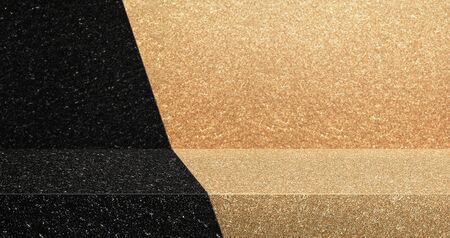 black and gold glitter texture table product display background.3d perspective studio photography stand.banner mockup space for showcase product.retro countertop backdrop.buseiness presentation bgの写真素材