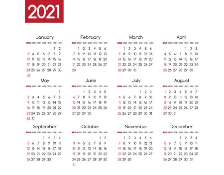 Vector 2021 new year calendar planner template in minimal table simple style red and grey color,Holiday event adenda, Week Starts Sunday.12 month layout annual calender .timetable for diaryのイラスト素材