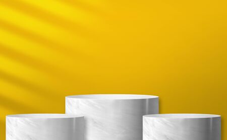 Glossy marble cylinder stand product display two step with yellow color background with light from window for display of product design,Banner for advertise product,3d renderingの写真素材