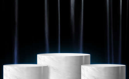 Product display glossy white marble cylinder stand winner podium in three step with black curtain wall background.Banner mockup space for display of product design.3d renderingの写真素材