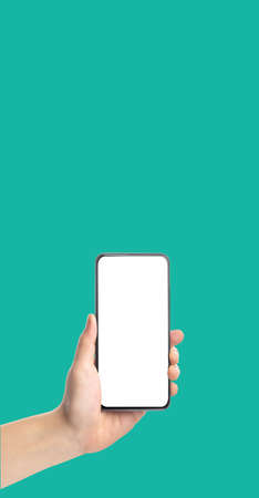 mockup hand holding mobile blank screen on green background.mockup banner display of content to advert on media.  on both hand and smartphone screenの写真素材