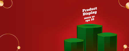 Vector flat geometric product display red christmas background, dark green color block studio kiosk.banner with copy space for display of product for advertise onlineのイラスト素材