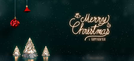 Merry Christmas and happy new year text glowing on xmas tree lamp lights with red baubles hanging on dark blue green background with snow falling.winter holiday greeting cardの写真素材