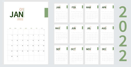 Vector of 2022 new year calendar in minimal table simple style and organic tone green and rose gold color,Holiday event planner,Week Starts Sundayのイラスト素材