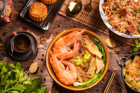chinese food  Baked Shrimp with Glass Noodle on tableの写真素材