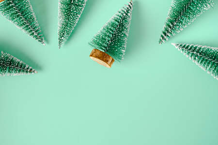 group of christmas tree lay on pastel green backgorund top viewの写真素材
